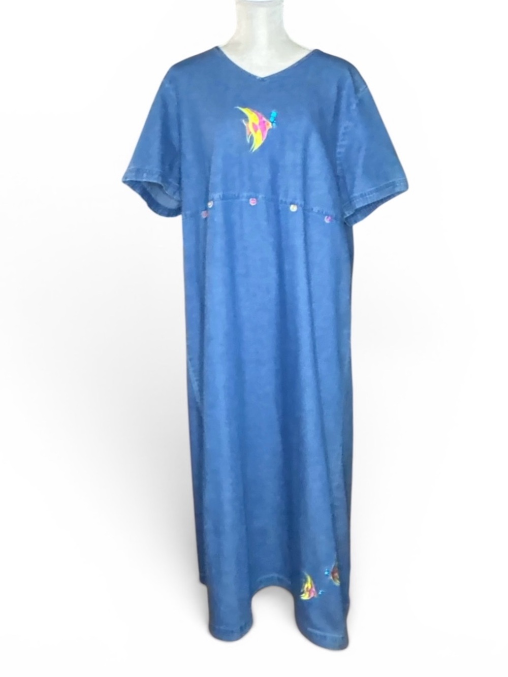 Vintage Cb Casual Plus Denim Maxi Dress 2X Blue Embroidered Tropical Fish Lagen